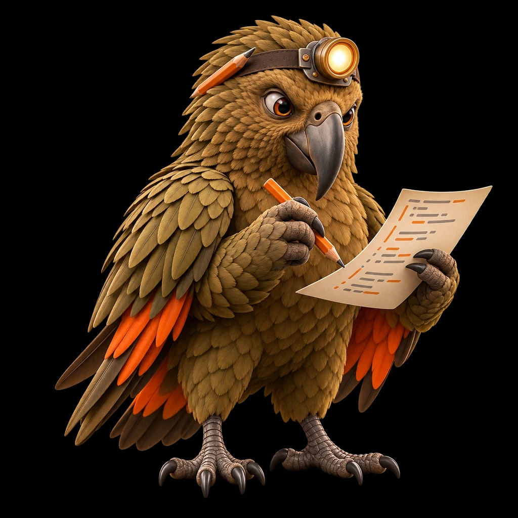 Kip, the Hookereum kea, perched on the fixed hook rail, drafting the next module
